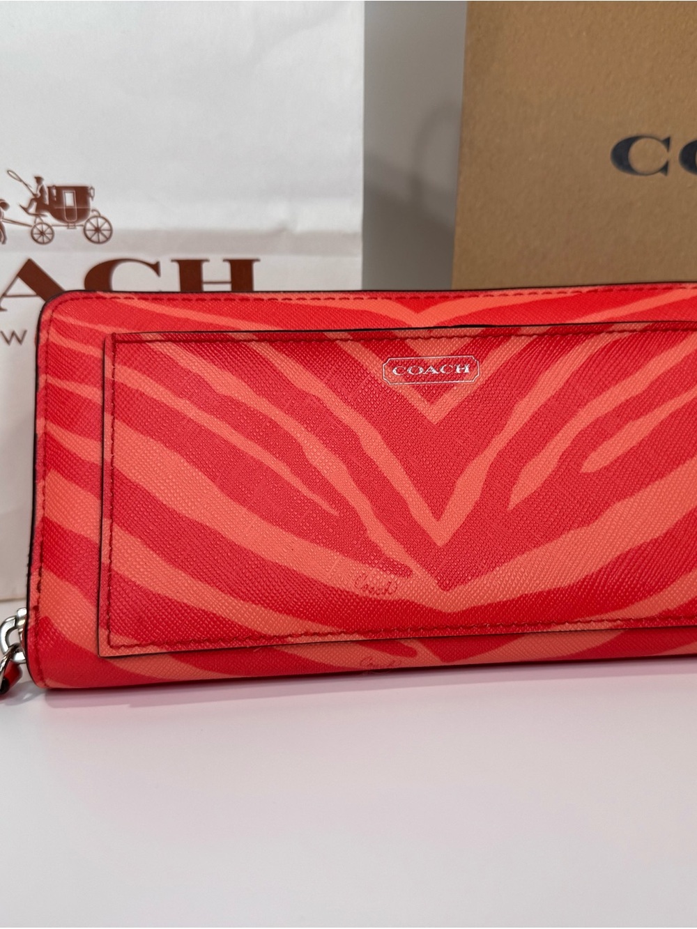 Coach Red And Orange Zebra Print Zip Wallet